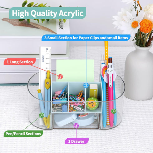 LETURE Clear Acrylic Desk Organizer with Drawer, Pen Pencil Markers Holder, Clear Office Supplies for College Dorm Home