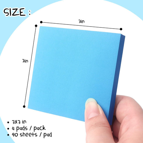 Sticky Notes 3x3 Pop Up Self-Stick Notes Pads - Bright Colors for Office, School, Home, 4 Pads/Pack, 90 Sheets