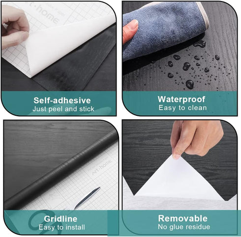 Arthome Black Wood Peel and Stick Contact Paper, Self-Adhesive Wallpaper for Countertop, Cabinets, Furniture, 17x120''