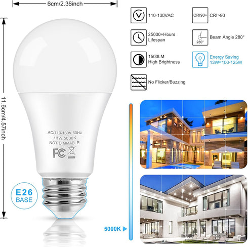 LED Light Bulbs, 100 Watt Equivalent A19, 13W 5000K Daylight White 1500 Lumens Non-Dimmable Bright E26 Edison Medium Screw Bulbs for Home Bedroom Kitchen Living Room Office Lamp, 4-Pack by Brightever