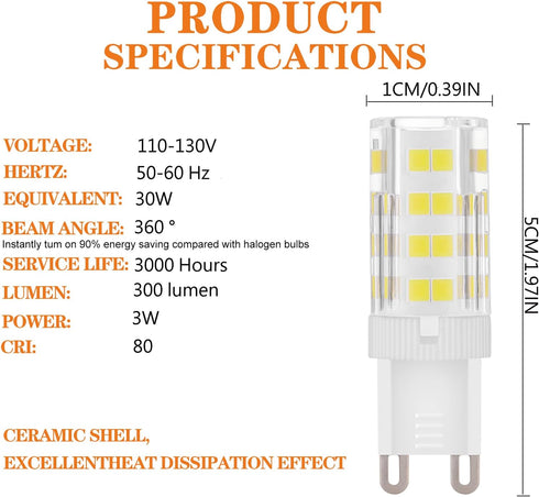 G9 Bulb 120V 4W 40 T3/T4 G9 360 450LM Non-dimmable (3000K 6 Pack) LED Watt Halogen Equivalent No-Flicker Degree Ceramic