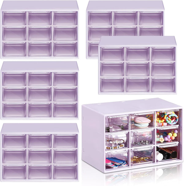 Mini Drawer Organizer 6 Pcs with 9 Drawers, Plastic Desktop Storage Box, Wall Mounted, Purple for Office Home Room