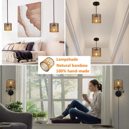 Osasy Small RattanShade Bamboo Lamp Shade,Unique Barrel/Cylinder Shape Hollow-Carved Boho Lampshades for Bedside Table