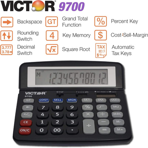 Victor 9700 12-Digit Standard Function Business Calculator, Battery and Solar Hybrid Powered, Black, Tilt LCD Display