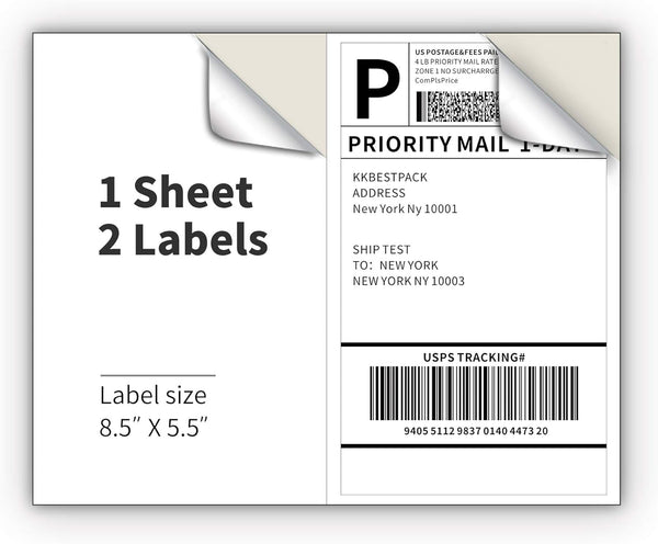 KKBESTPACK Half Sheet Shipping Labels for Laser and Inkjet Printers 2 Per
