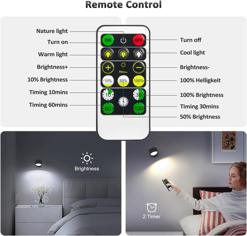 Racokky 2 3 Dimmable 360 3000mAh LED Wall Lights Pcs, Wall Lamp Color Temperatures & Magnetic Rotation with Remote