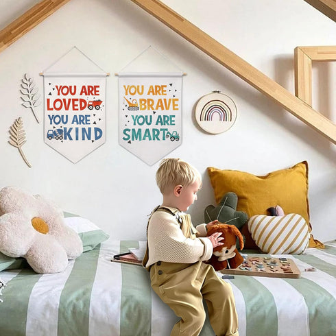 ArtisaEura Set 2 Inspirational Kids Wall Canvas Banners, Construction Inspirational Hanging Display Pennant Banner