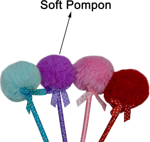 Maydahui 12 PCS Cute Kawaii Pom Pom Ballpoint Pens, Fluffy Ball Pens with Bowknot Polka Dot Blue Gel Ink for School