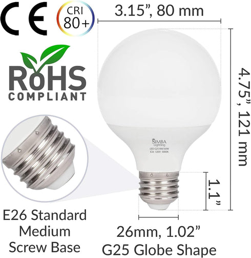 G25 (G80) Bulb 8W, 60W 120V, E26 5000K, Pack 3 Simba Lighting LED Vanity Globe Light for Bathroom, Makeup Mirror |