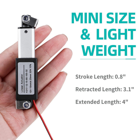 NORJIN 12V Mini Electric Linear Actuator, 0.8" Stroke, 32N Speed 15mm/s, Linear Motion Actuators with Mounting Brackets