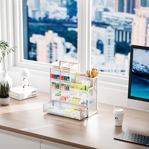 Marbrasse Mesh Pen Holder for Desk, Multi-Functional Organizer with Drawer for Office Art Supplies, White