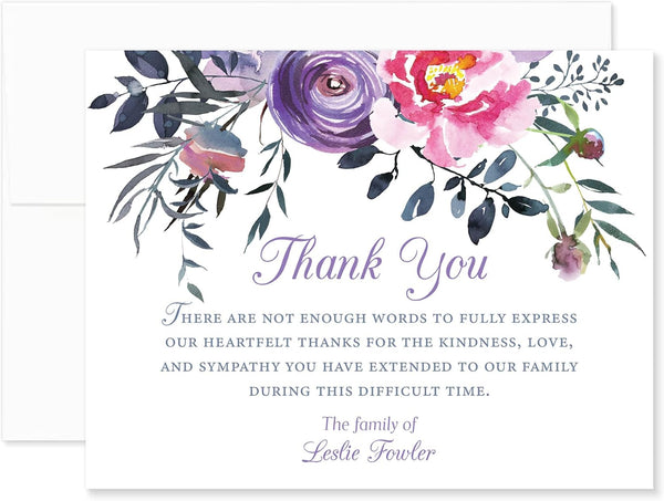 Sympathy Thank You Acknowledgement Cards, Personalized Pink and Purple Flowers Funeral Thank