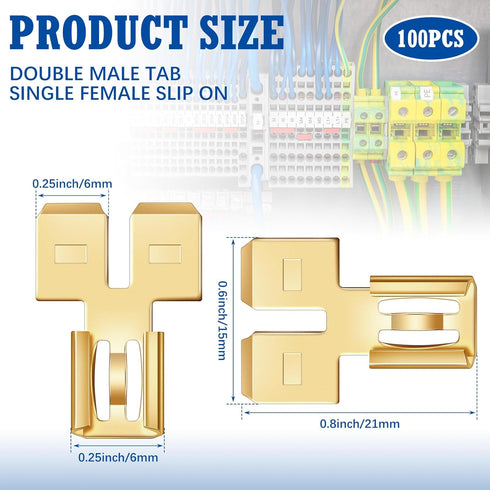 100 Pcs Double Piggyback Spade Connector Quick Disconnect Electrical 2 Way Wire Terminals Adapter Non Insulated Male Single Female Tab Slip Brass Automotive Double Spade Connector 1/4" Tab