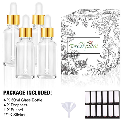 PrettyCare Eye Dropper Bottles, 2 oz, 4 Pack, Glass Bottles with Golden Caps, Labels, Funnel & Measured Pipettes