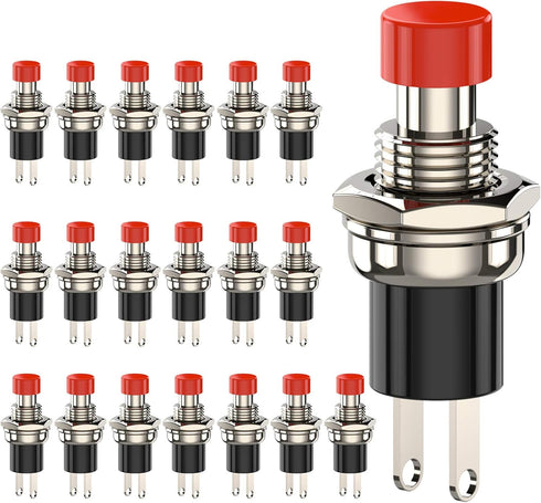 Momentary Push Button Switch, 1A 250VAC SPST Mini Pushbutton Switches, Normally Open (NO) Red Cap - 20pcs