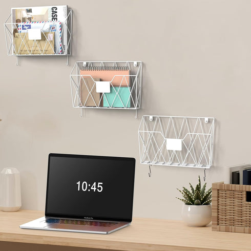 YBING Wall Mounted File Organizer, White 6 Pockets Mesh Hanging Holder for Office Papers with Hooks