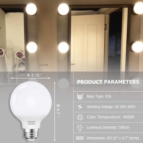Cotanic G25 LED Globe Light Bulbs, 5W Vanity Light Bulb (60W Equivalent),Daylight 4000K,Non-dimmable Makeup Mirror Lights for Bedroom,Led Bathroom Light Bulbs,E26 Medium Screw Base,500lm,Pack of 4 by Cotanic