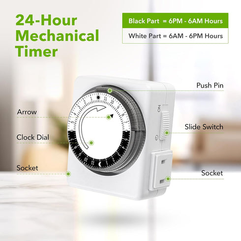 HBN Indoor Timers for Electrical Outlets, 24 Hour Mechanical Outlet Timer, Dual Outlets, Heavy Duty Daily Cycle
