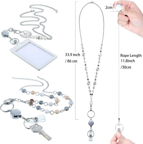 Hicarer 3 Pcs ID Badge Lanyard Necklace with ID Holder Clip, Stainless Steel Beaded Chain, Retractable Reel