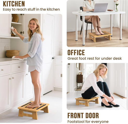 SeLucky 450 LBS, One Step Stool for Adults Seniors and Kids with Non-Slip Surface, Natural Bamboo Stepping Stools