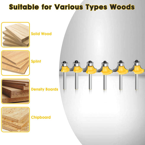 6pcs Set 1/4 Inch 1/8", 3/16", 1/4", 5/16", 3/8", 1/2" Roundover Router Bit Shank, Carbide Tip Rabbeting Router Bits