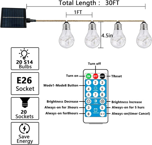 ShineU 30 20 Bulbs, 8 Feet LED Outdoor String Lights with Warm White Edison Shatterproof Solar-Powered Modes Hemp Rope