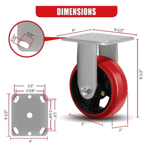 Heavy Duty Industrial Casters 5"X2", Rigid Casters with Crowned Polyurethane Tread, 1000 lbs Load Capacity for Tool