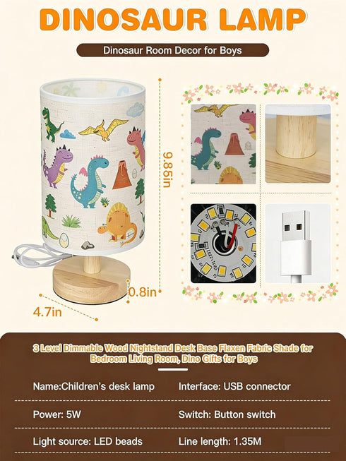 Boys,3 Dimmable Kids Table Lamp for Bedroom,Dinosaur Room Decor for Level Wood Nightstand Desk Base Flaxen Fabric Shade