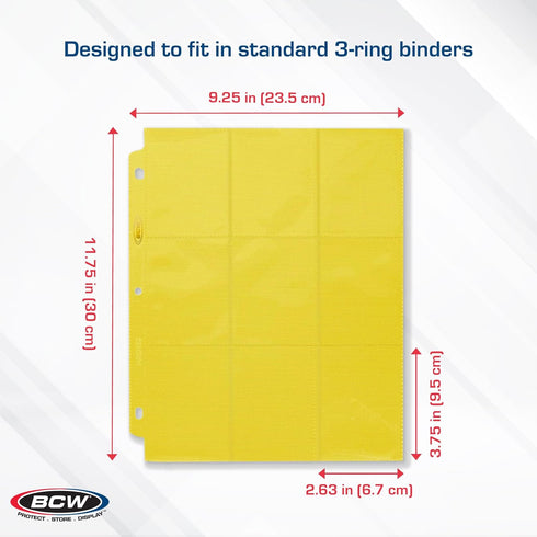 BCW 9-Pocket Pages Holder - 20 Yellow Double-Sided Trading Card Binder Sheets | Secure Side Loading Storage Solution