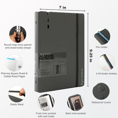 CAGIE A5 Binder 6 Ring Binder Notebook with Dividers Refillable Planner Binder with Pockets, A5 Refill Paper Include Planning Square Ruled and Dotted Pages, 7 x 9.25 In, Dark Grey by CAGIE