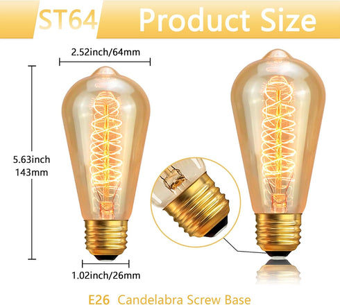 Sevici ST64 Bulbs 110V 40W Bulbs 6 Pack,Amber 240LM,E26 2200K Dimmable Bulb Incandescent Light Edison Vintage Base