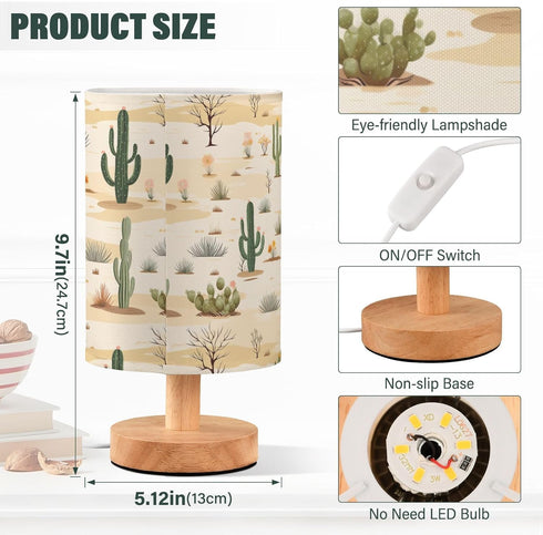 SPRIPORT Wilderness Cactus Bedside Table Lamp for Bedroom Nightstand Lamp with Wood Base & Round Flaxen Fabric Shade