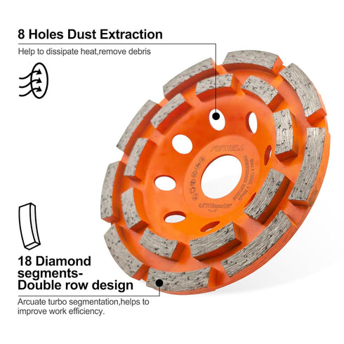 FEWELL 4 1/2” Concrete Grinding Wheel, Double Row Diamond Cup Wheel with 7/8” Arbor