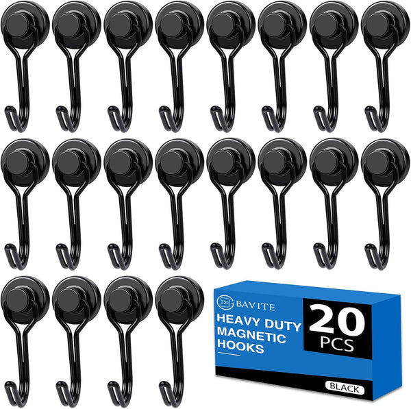 E BAVITE 30LB Swivel Swing Magnetic Hook, 20 Pack Black Refrigerator Hooks, Strong Neodymium Magnet, 60mm Length