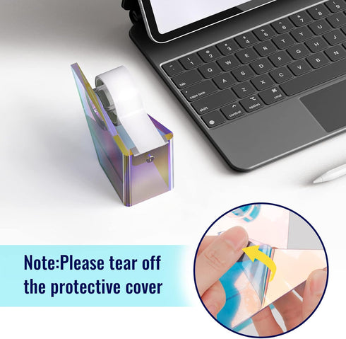 Iridescent Acrylic Tape Dispenser with Sharp Stainless Steel Sawtooth for 1 Inch Roll, Colorful Clear Office Desktop