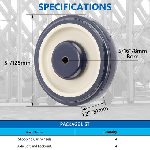 4 Pack 5'' DasMarine Shopping Cart Replacement Wheels, Diameter Shopping Cart Caster Wheels with Axles Bolts for Retail