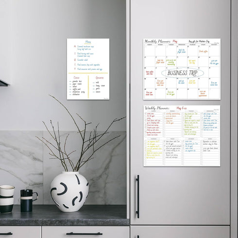 Clever Clean Non-Magnetic Calendar Set, Dry Erase Monthly Calendar, Weekly Planner, Blank Whiteboard for Fridge, Smooth
