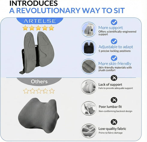 StowNest Ergonomic Lumbar Support for Office Chair, Double-Wing Design Back Support for Computer Chair, Adjustable