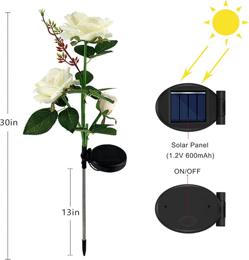 Solar Rose Garden Lights, 2 Pack Realistic Waterproof LED Decorative Stake Lights for Patio Pathway Outdoor Decor