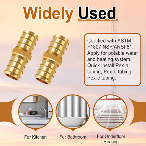 1/2 inch PEX Straight Fitting, Brass Coupling Adapts Water Pipes, Connect Tubing with Crimp Ring, 20 pcs