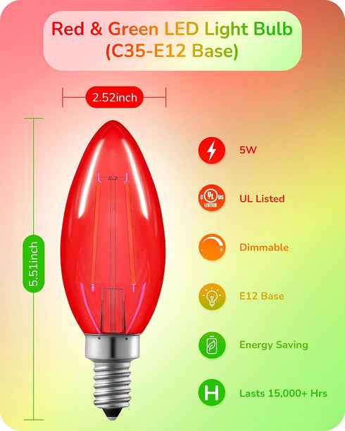 C35 Dimmable Bulbs, E12 Bulbs, 60 Bulb, 6 Pack EDISHINE St.Patrick's Day/Easter Decorations Red & Green LED Filament