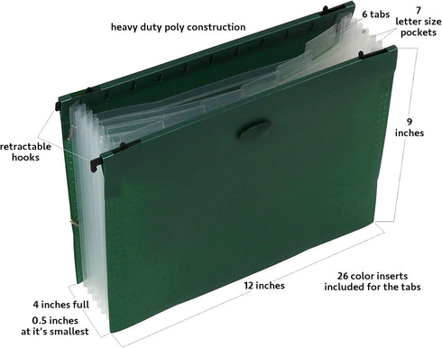 Iconikal Expanding Hanging File Folder, 7 Divider Pockets, Green, 12-Pack