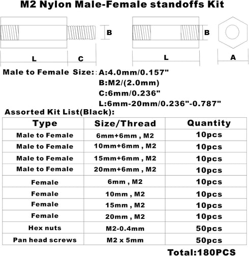 M2 Nylon Hex Male-Female Spacer Standoffs Screw Nut Assortment Kit - Black