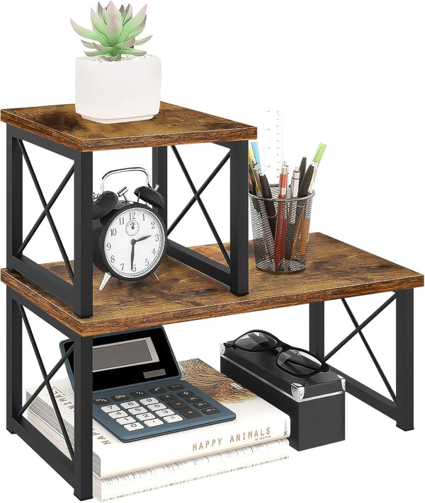 ELITEROO Wood Desktop Shelf, 2 Tier Adjustable Small Bookshelf Organizer, Freestanding Stackable Desk Stand, Rustic