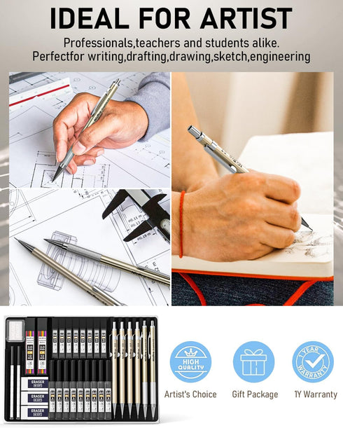 Nicpro 34PCS Art Mechanical Pencils Set, Metal Drafting Pencil with 19 Tube Lead Refills Case