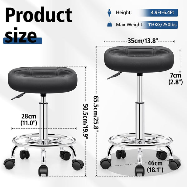 Brick Attic Rolling Stool with Wheels, PU Leather Small Office Chair with Foot Rest,Versatile Adjustable Swivel Stool