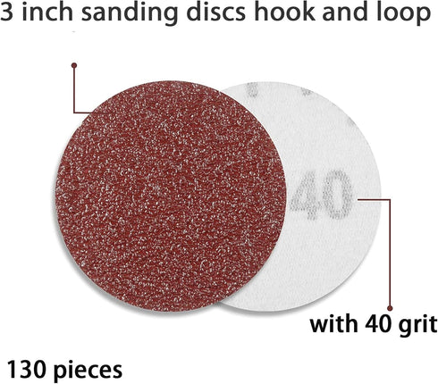 130 PCS 3 Inch Sanding Discs, MAPRIAL 3 Inch 40 Grit Hook and Loop Sanding Disc Attachment for Drill Sander Grinder Rotary Tools, Wood Furniture, Woodworking. by MAPRIAL