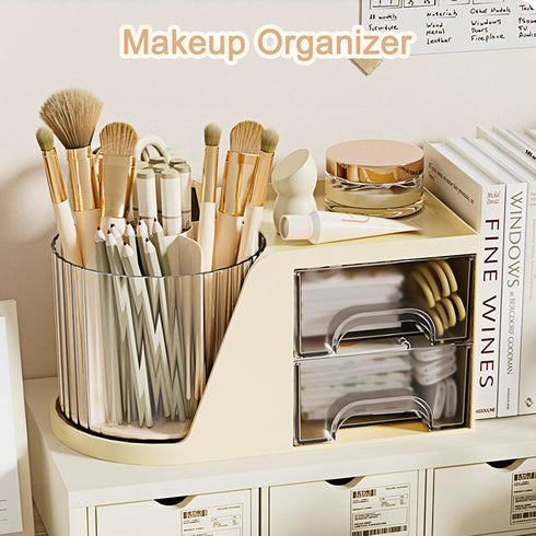 SAYEEC Rotating Desk Organizer with 2 Drawers, 6 Slots for Pencil Pen Holder and Makeup Storage