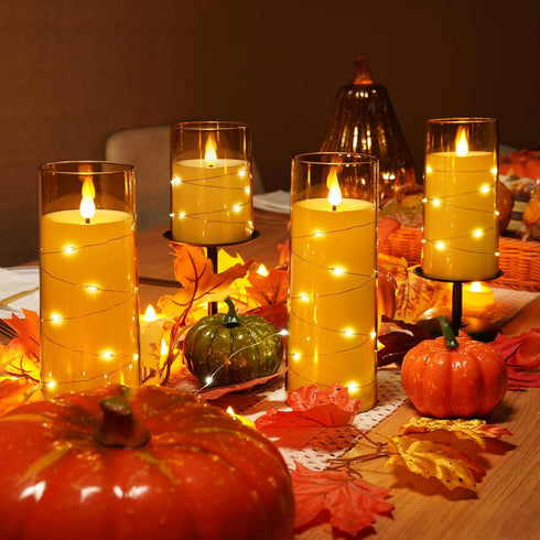 9 Homemory Pcs Flameless Candles with Embedded Star String Fairy Lights, Battery Operated Candles, LED Candle, Fake