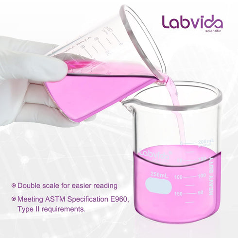 Heavy Duty Glass Beakers Set, 6 pcs of 250ml Thick-Walled, 3.3 Boro Griffin Low Form with Double Scale Graduation